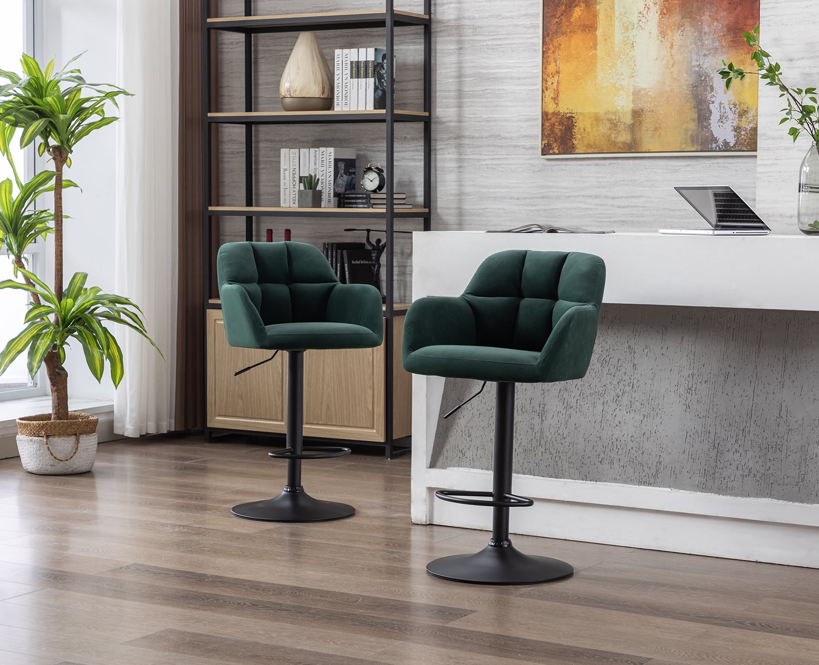 Guyou Modern Swivel Bar Stool Set of 2, Velvet Upholstered Adjustable Island Stool Counter Height Stool with Backrest and Metal Base for Kitchen Island Restaurant Bar, Green