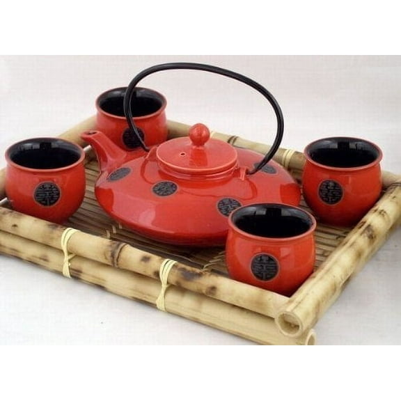 Contemporary Art Decor Porcelain tea set 5 pcs In Wooden Gift Box by Asian Home