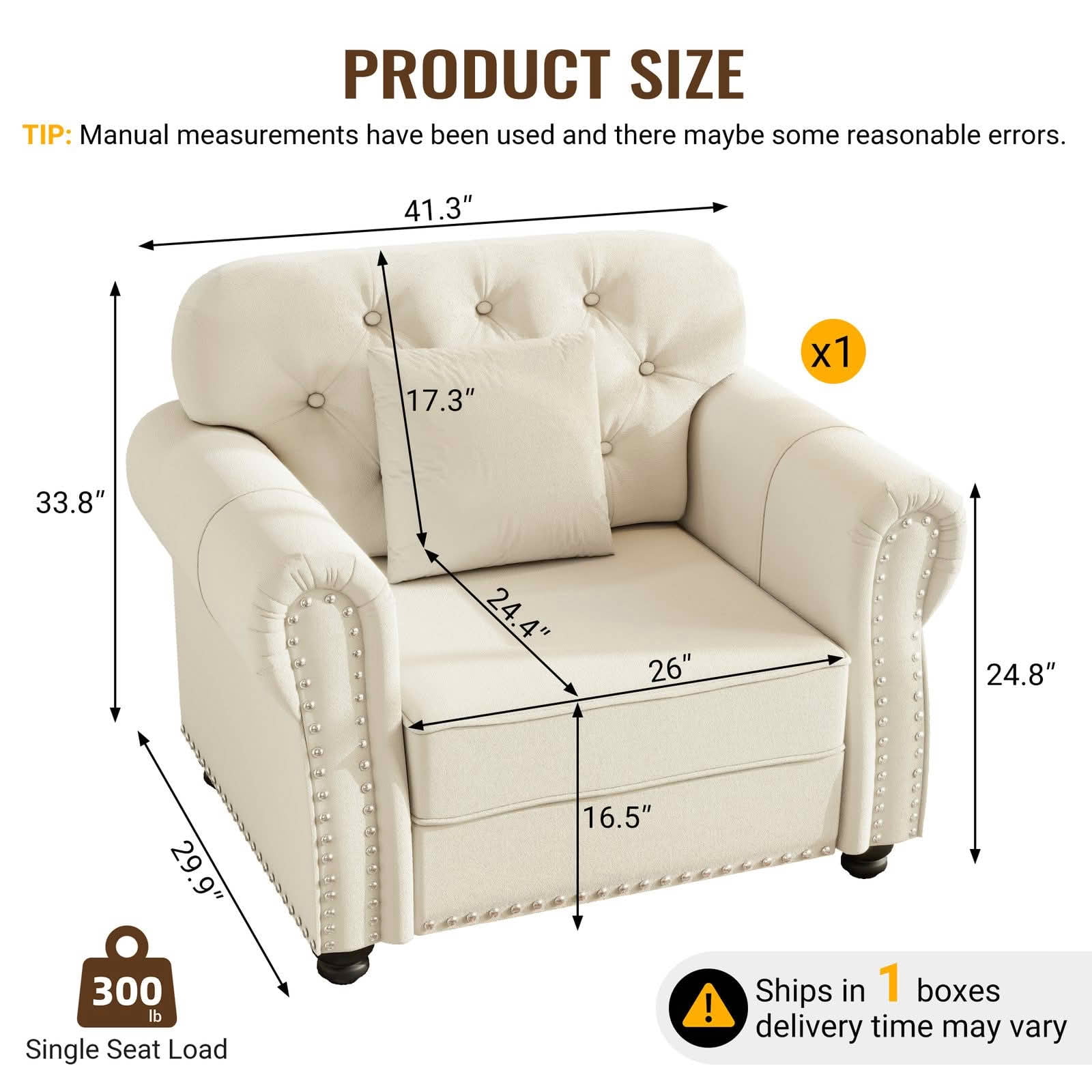 MAYEERTY 41.3 Inch Velvet Chesterfield Sofa, Mid‑Century Modern Couch with Button Tufting, Nailhead Trim and Rolled Armrests, Includes 1 Pillow for Home Living Room