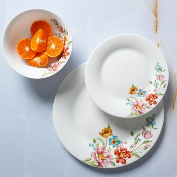 Ultra By Gibson Blooming Rose 12 Piece Dinnerware Set, Decorated, Opal Tempered Glass