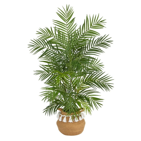 Nearly Natural 4' Areca Palm Artificial Tree in Cotton Planter with Tassels, Green