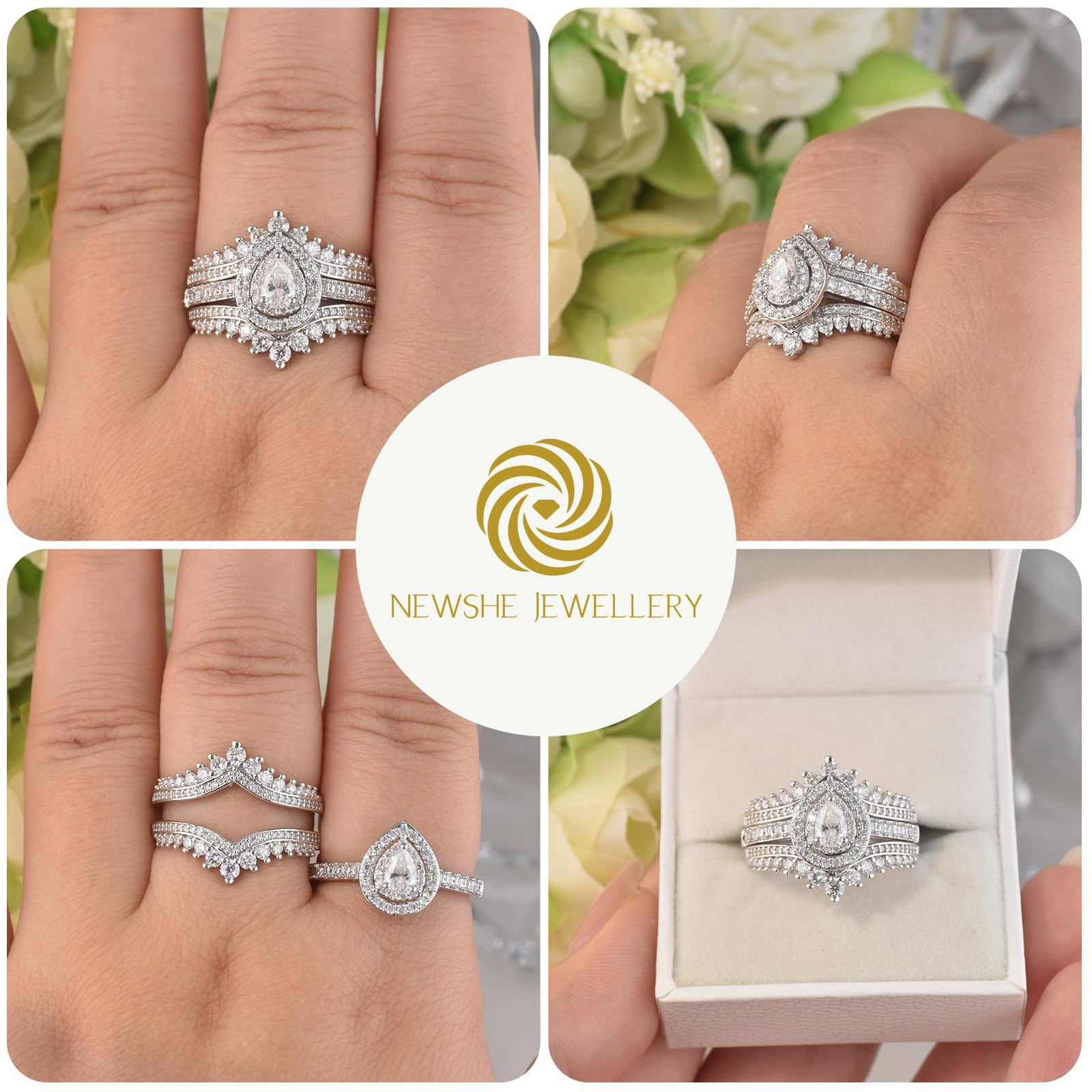 Newshe Jewellery 3 Ct Moissanite Wedding Rings Set Pear Cut Engagement Rings for her Bridal Ring Enhancer Size 7