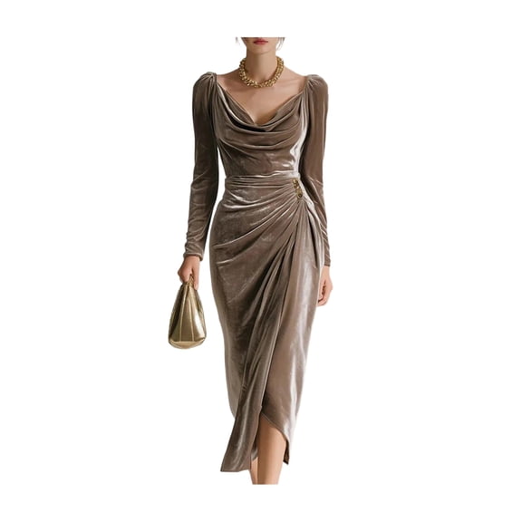 Quixlent Women's Long Sleeve Velvet Evening Party Dress Cowl Neck Ruched Slit Bodycon Dress Midi Wedding Guest Dress