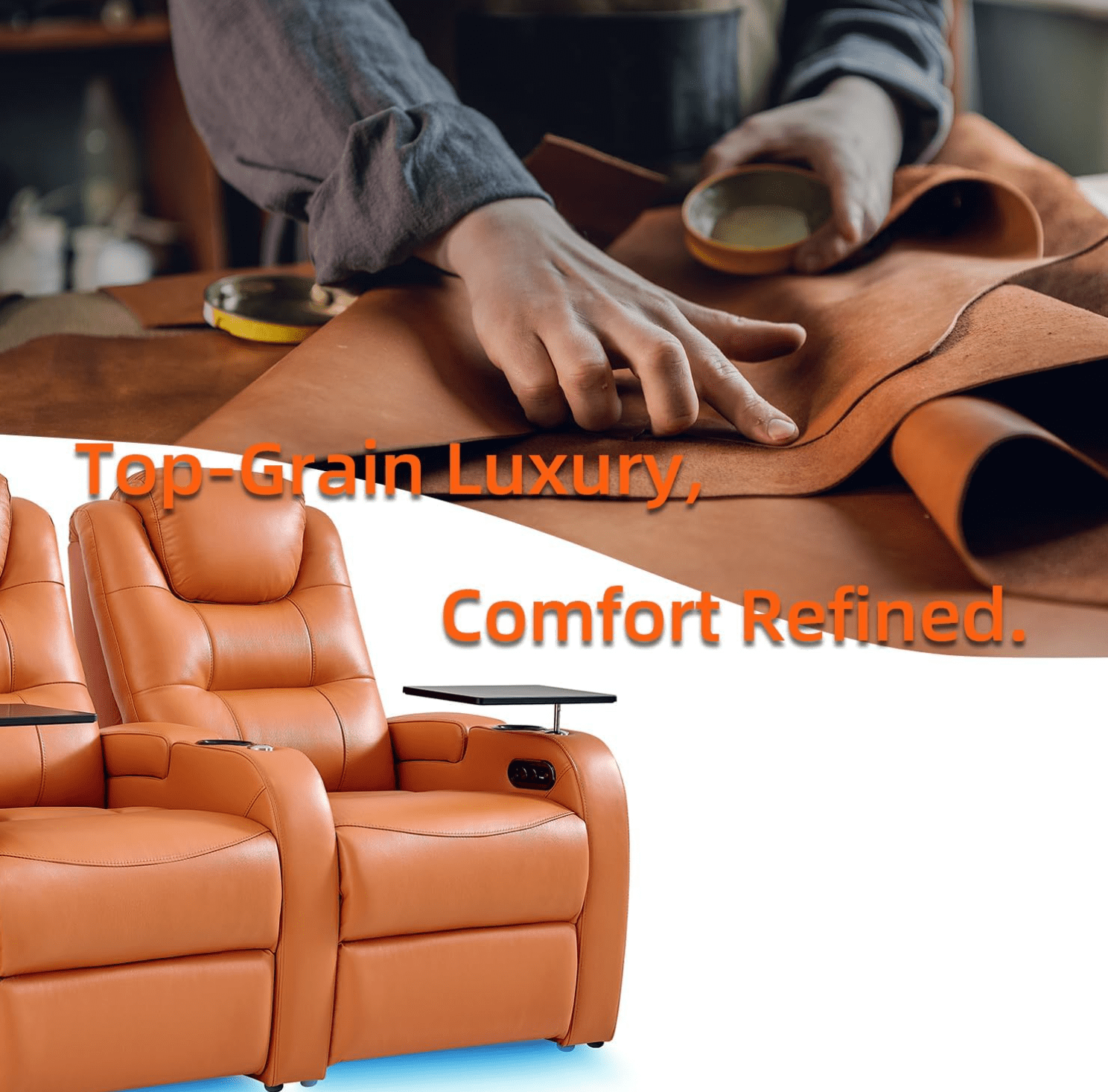 comfiroom Leather Home Theater Seating, Simple Style Top Grain Leather Game Seats Movie Theater Chairs Recliner Sofa with Type-C USB Charger (Orange, Row of 3)