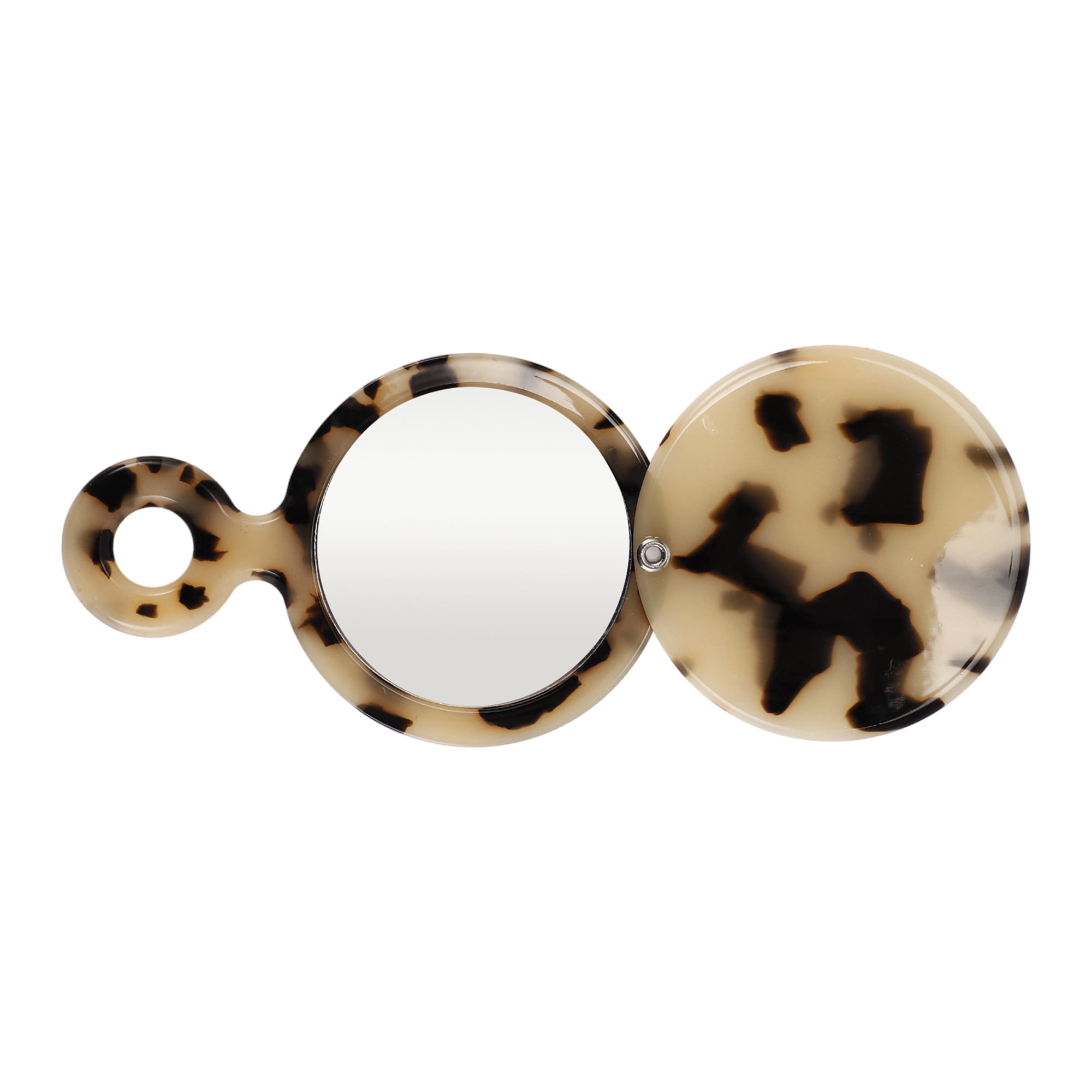 Unique Bargains 1 Pc Women Round Short Handheld Makeup Mirror for Beauty Black Beige
