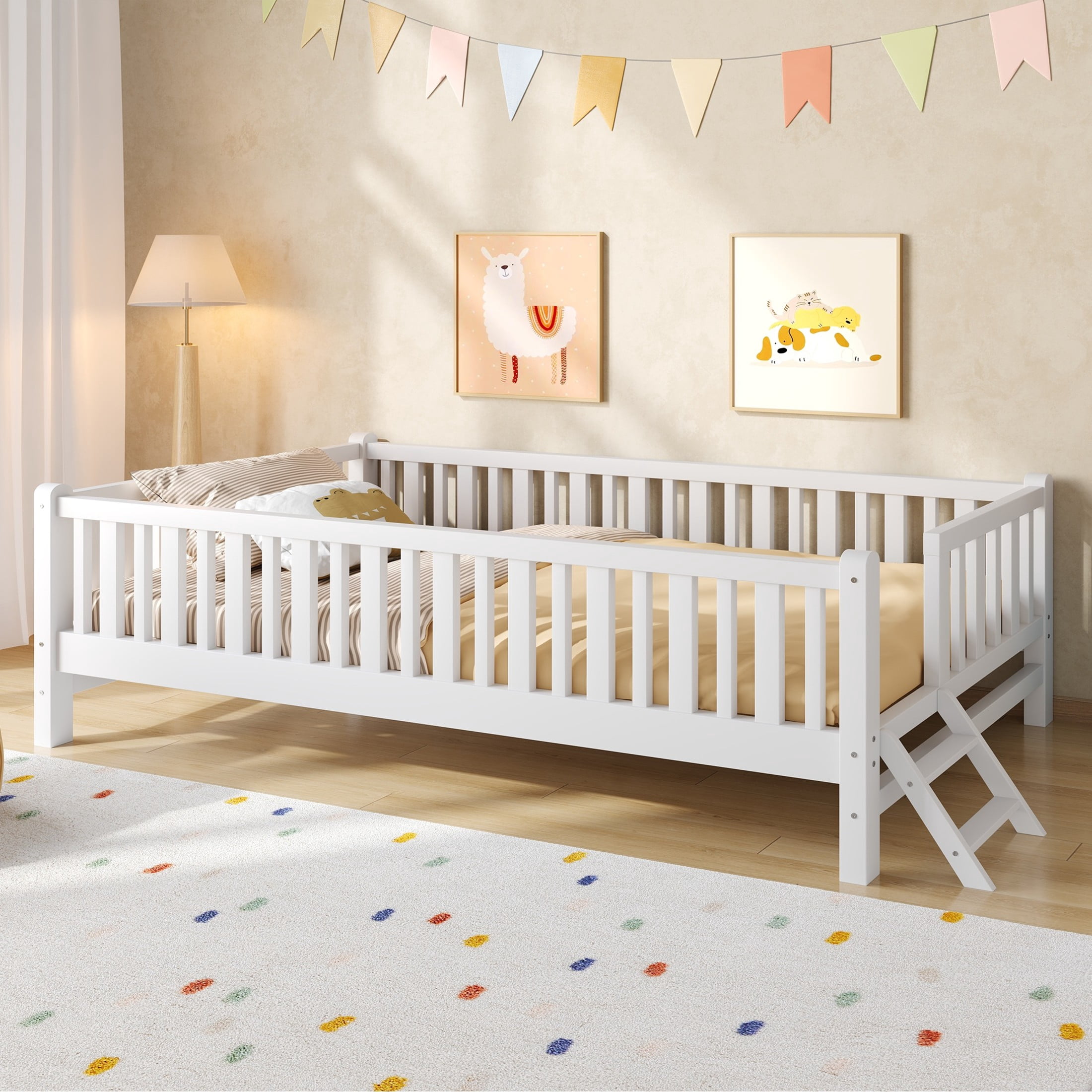 Noble House Prado Twin Size Wood Platform Bed with Full Guardrail, Safe Low Profile Bed Frame for Kids, White
