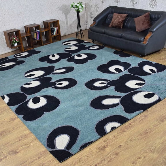 Rugsotic Carpets Hand Tufted Wool Eco-Friendly 3'x5' Rectangle Blue Floral Modern High Pile Thick Handmade Anti Skid Indoor Area Rug K00718