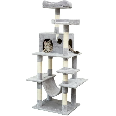 CLEARANCE! 2019 Upgrade Cat Tree, 64'' Cat Tower Luxury Condos with Scratching Posts, Slope, Plush Hammock, Dangling Cat Toys, for Ragdoll, Oriental Cat, American Curl, Bengal Cat, Light Grey,