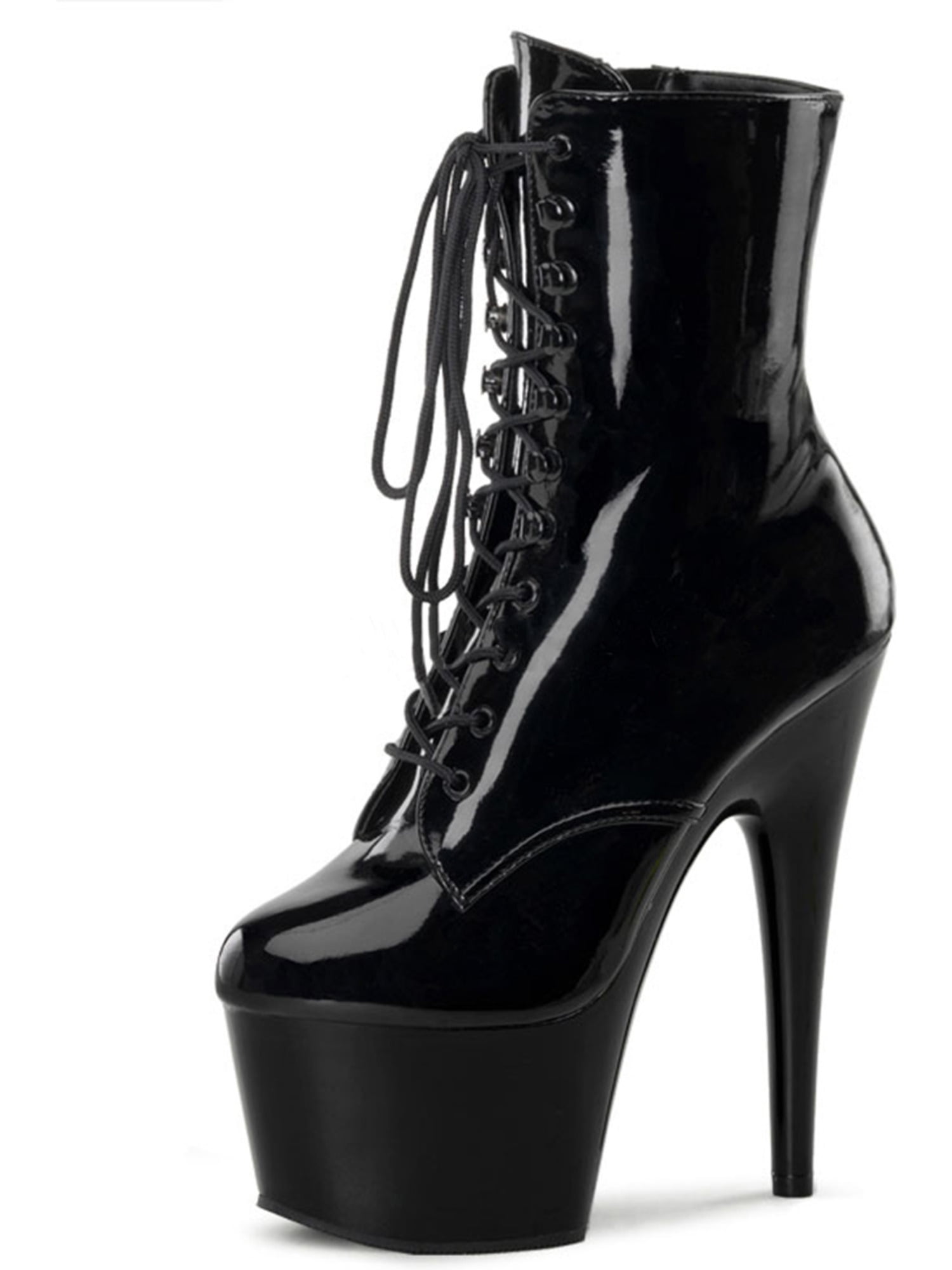 Lace Up Shiny Black Ankle Boots 