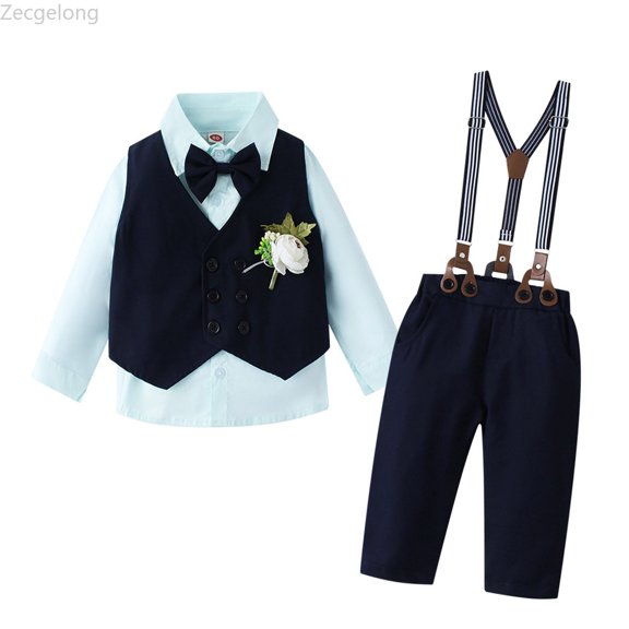 Zecgelong Elegant Long Sleeve Shirt With Vest And Boutonniere Piece For Boys Formal Wedding Party And Performance Attire Outfit Boys Formal Sets Long Sleeve for Boys 2-3 Years