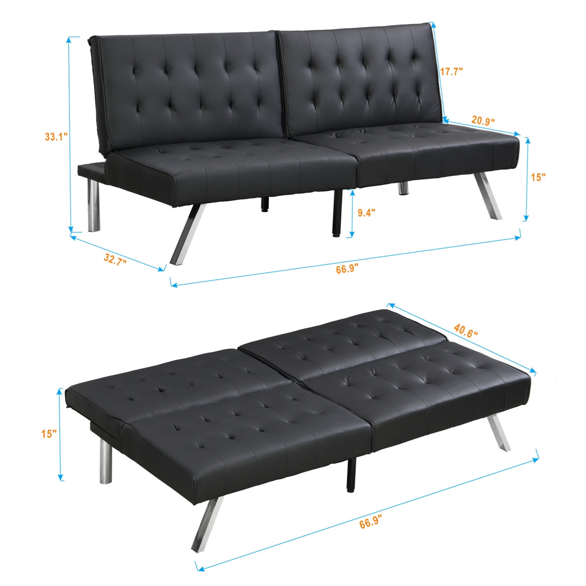 Aukfa 67" Tufted Futon Convertible Sofa Bed Separate Back Chaise Couch for Home Office, Leather, Black