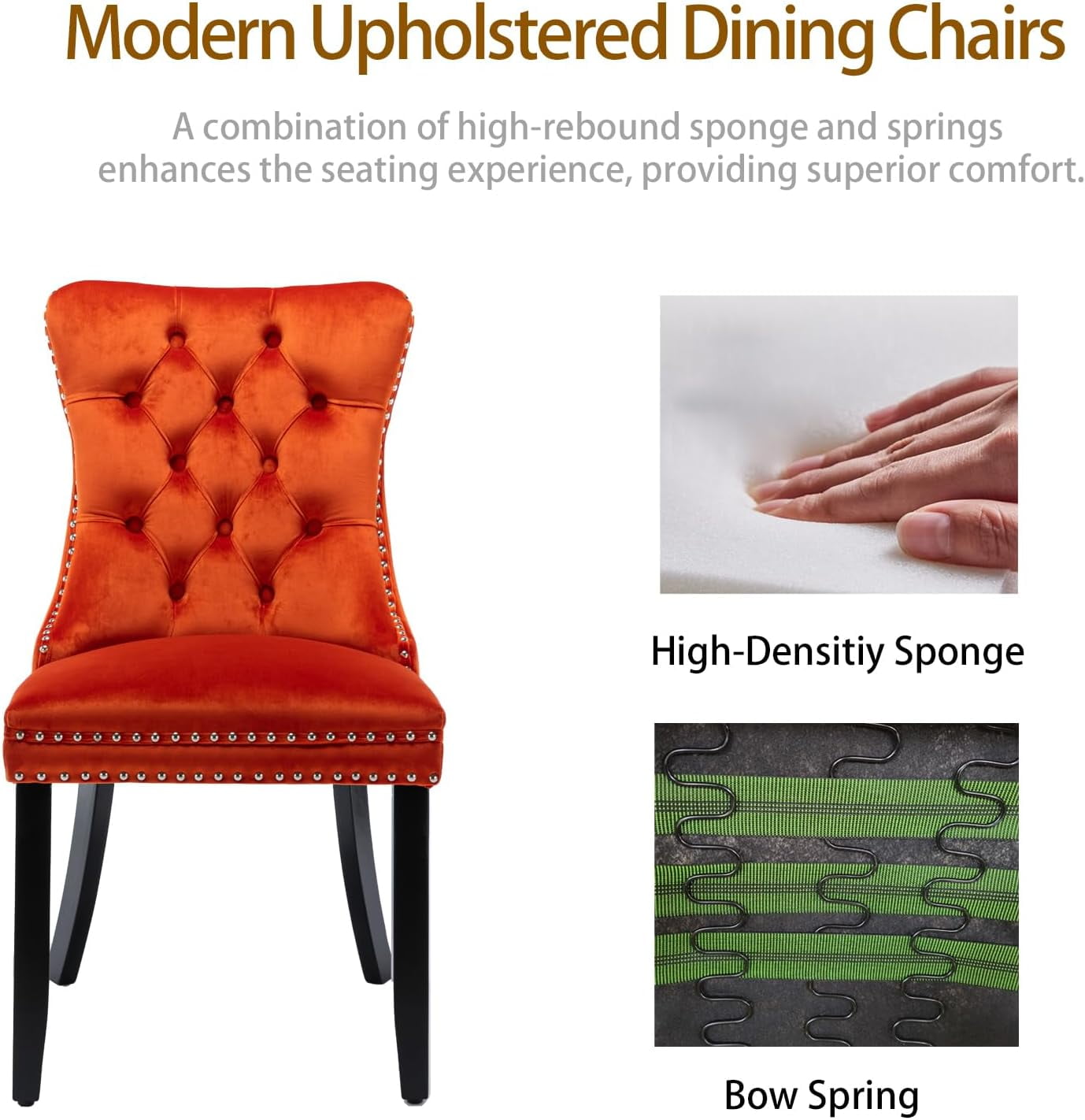 MOONMISS Dining Chairs 2-Pcs Set, High-end Velvet Upholstered Accent Chairs Button Tufted Dining Chairs with Back Ring Pull and Nailhead Trim,Orange