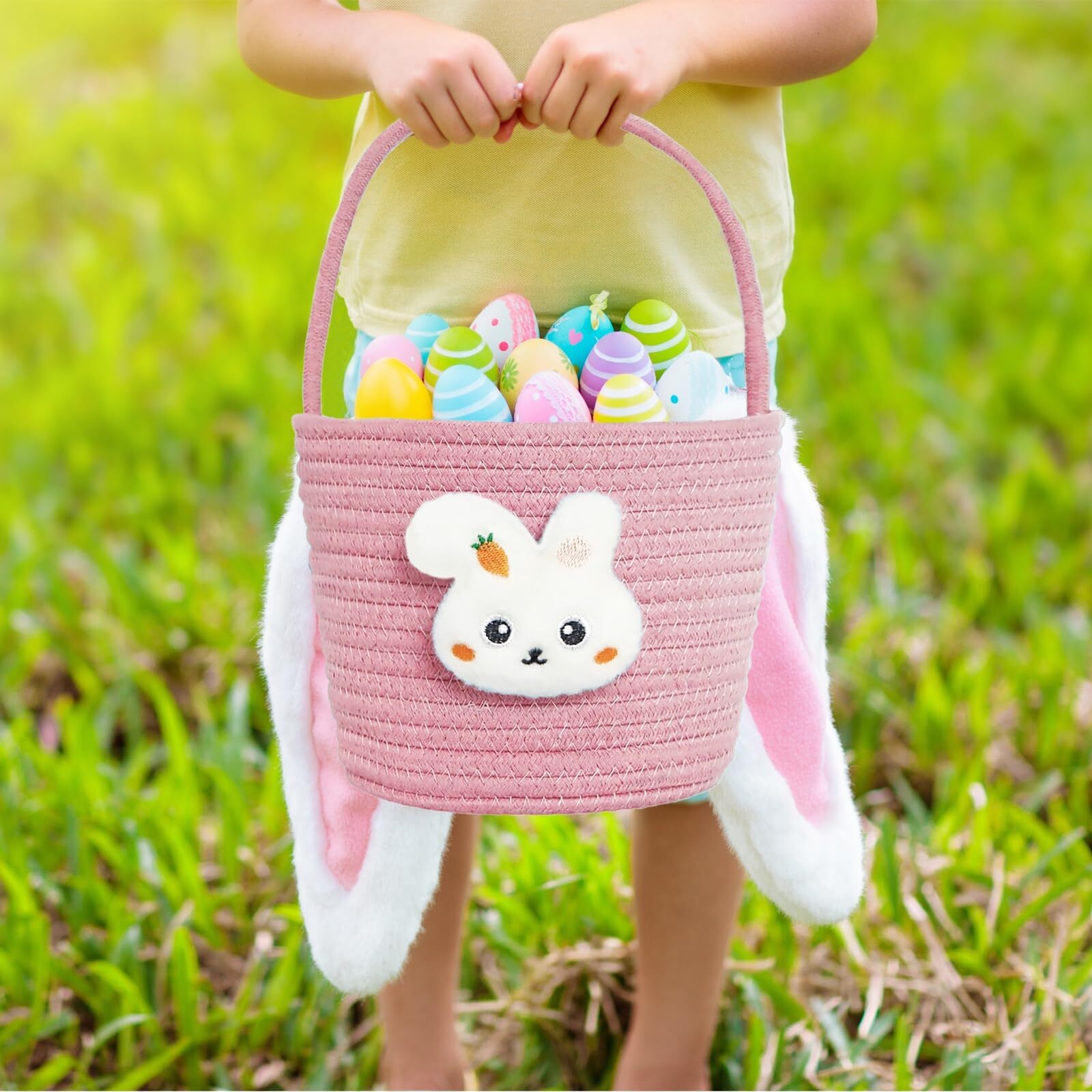 Poschnor Easter Basket for Kids, Easter Bunny Basket with Gift Bags and Ribbons, Woven Cotton Rope Egg Easter Baskets for Girls, Boys, Toddler, Babies, Blue
