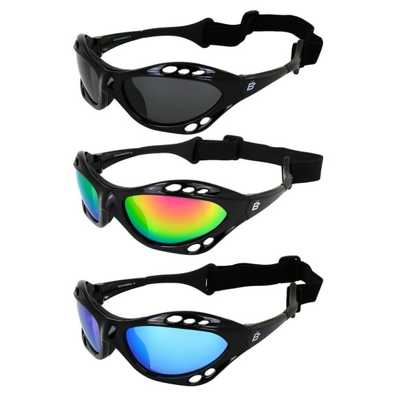 Birdz Eyewear Seahawk Padded Polarized Sunglasses 3 Pairs w/Strap Water Sports Surfing Kayaking Jetski Black Frame w/Smoke Pink & Green Mirror Lenses