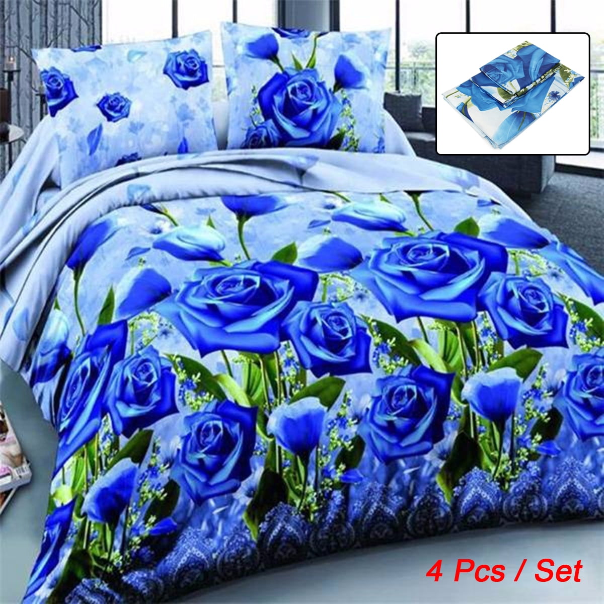 4Pcs 3D Blue Rose Printed Bedding Set Bed Clothes, Quilt Cover + Bed Sheet + Pillowcases Bedroom