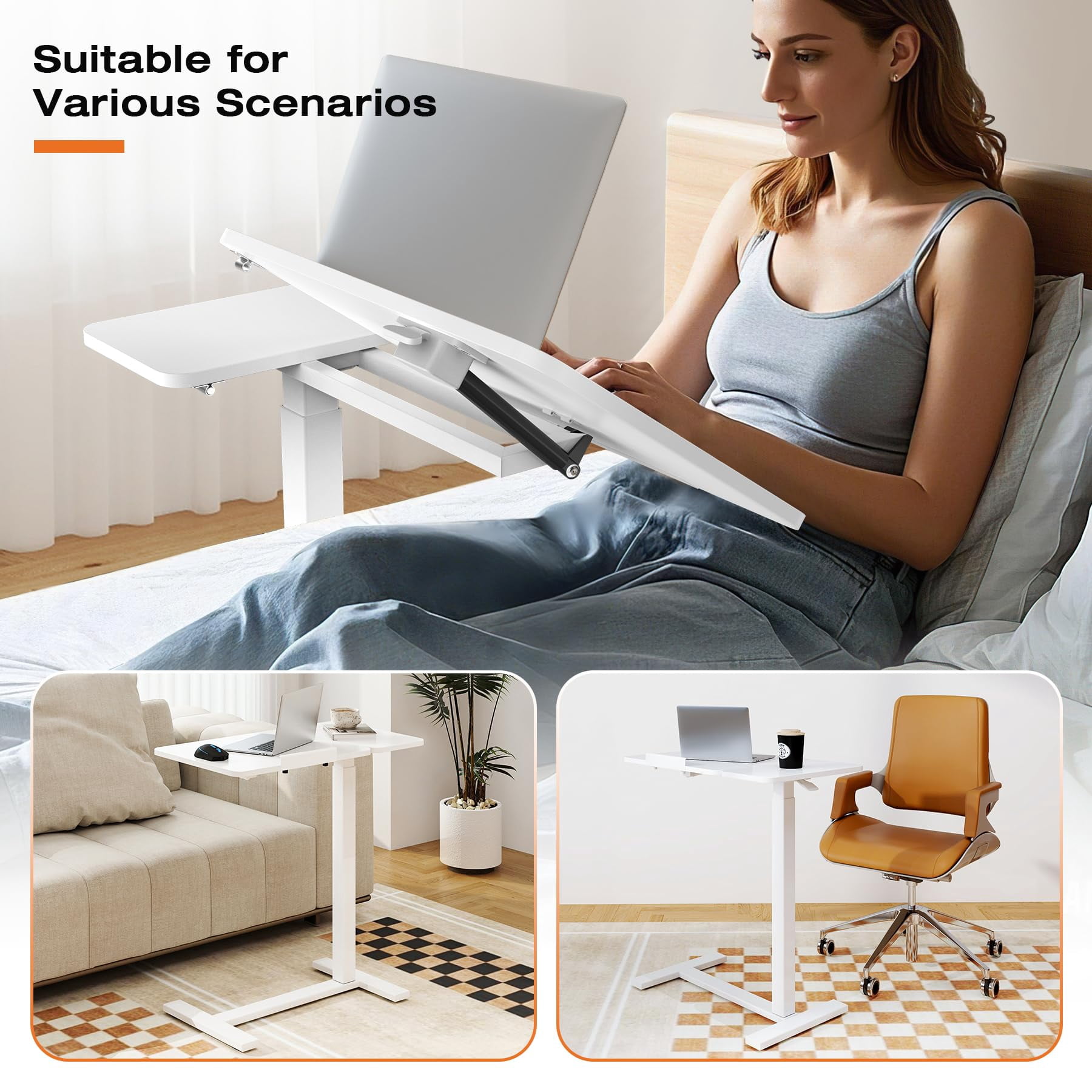 HomePerch Overbed Table with Wheels, Height Adjustable Rolling Laptop Desk for Bed or Sofa, Tilting Tray Table for Home Office, White Finish