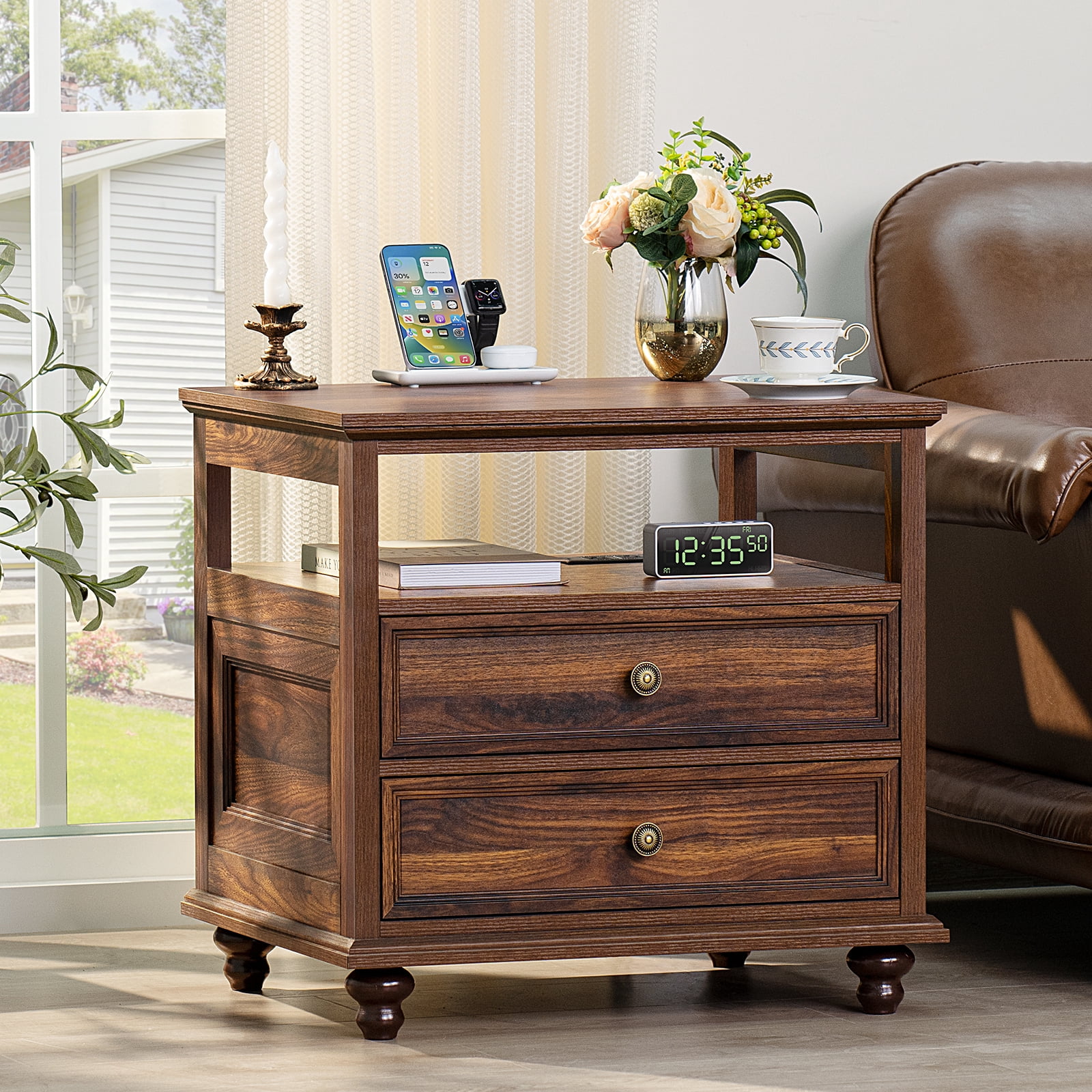 End Table with 2 Drawers for Living Room, Nightstand with Charging Station, Bedside Table with Shelf for Bedroom, Brown