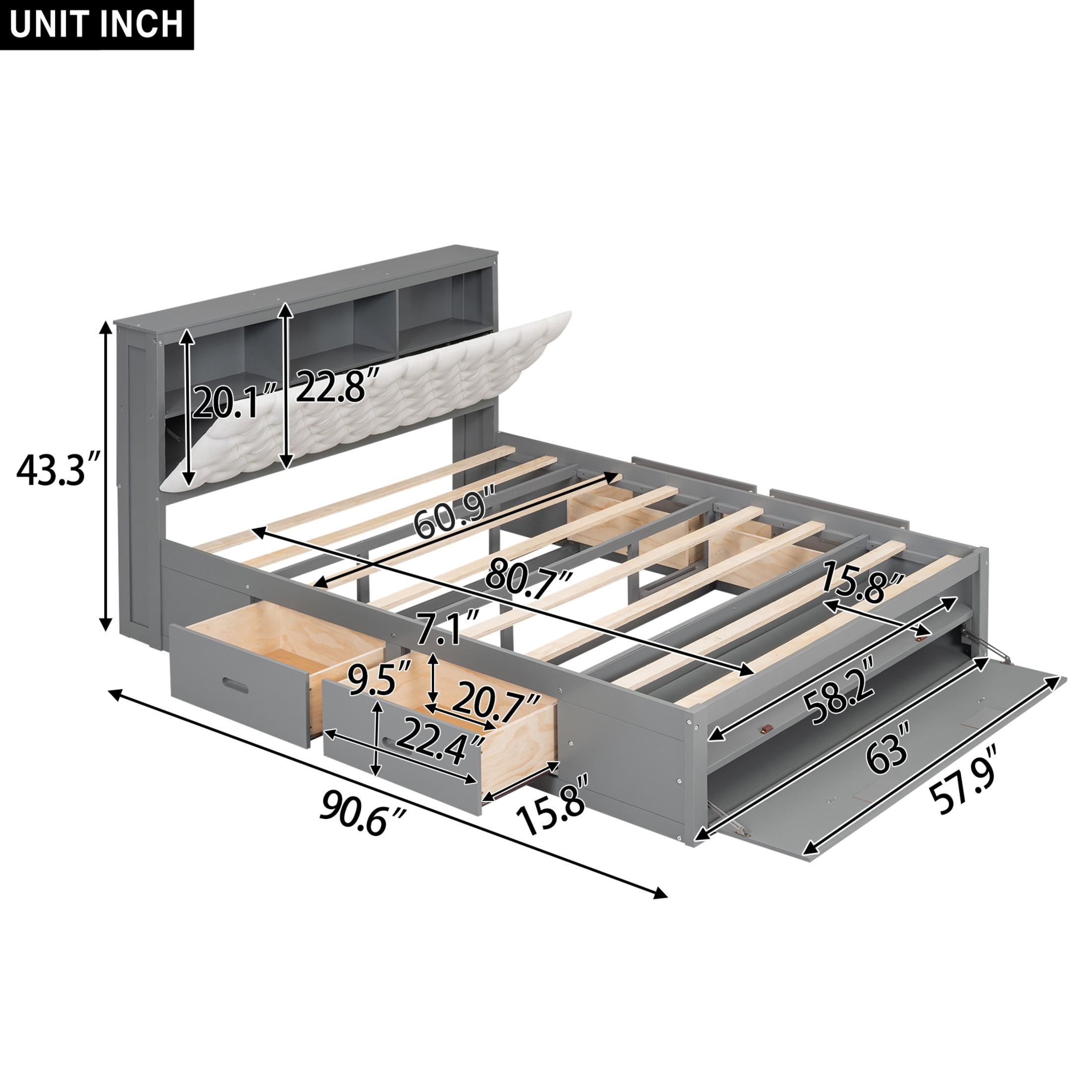 Noble House Norva Queen Size Wood Platform Bed, Storage Headboard with Integrated Drawers and Shoe Rack, Gray