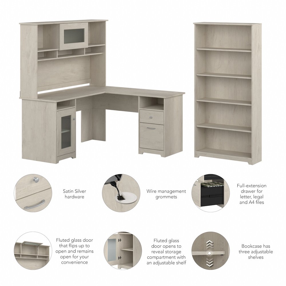 Bush Furniture Cabot L Shaped Desk with Hutch & Bookcase in Linen White Oak