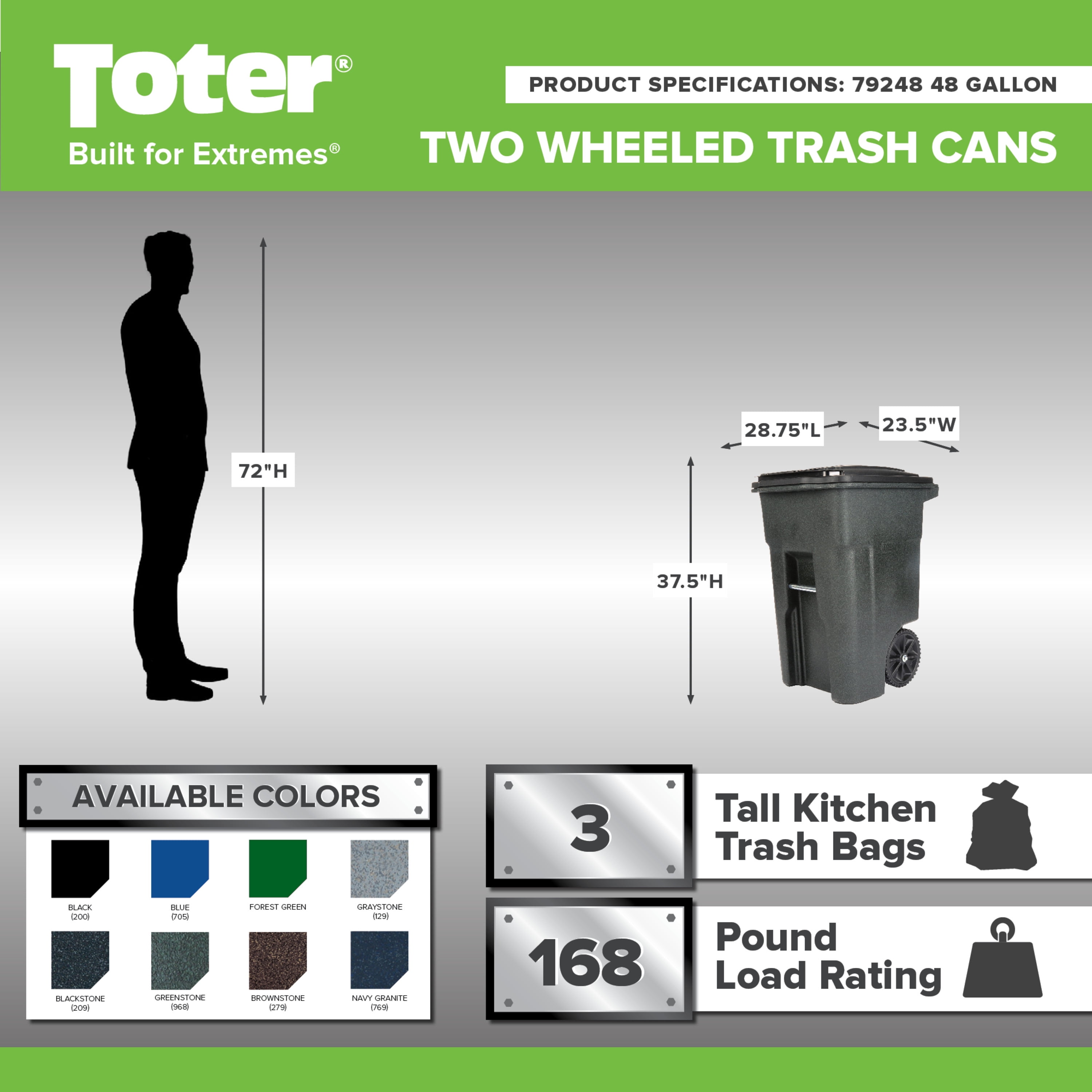 Toter 48 gallon Garbage Can with Outside Wheels and Lid - Greenstone