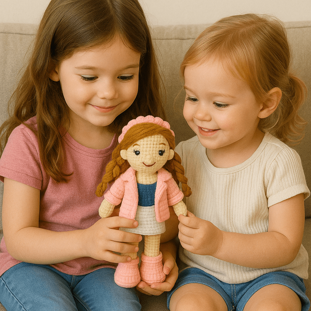 Handmade Crochet Girl Doll – Woolen Plush in Pink Jacket, White Skirt & Headband | Stylish Soft Toy for Kids & Gifting