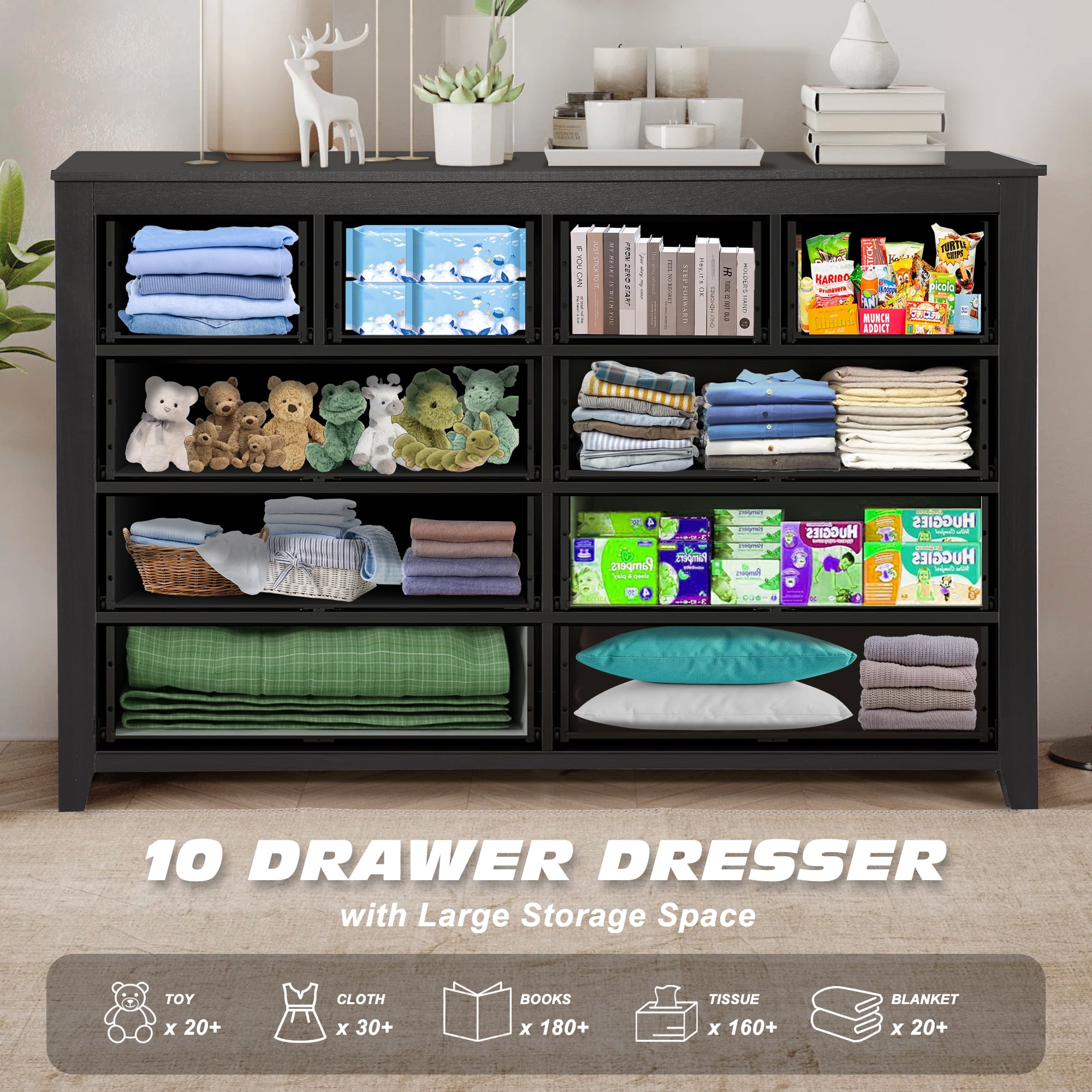 Magic Union 10 Drawer Double Dresser with Metal Handles and Various Size Wide Deep Drawers,Smooth Metal Rail,Modern and Contemporary Wood Dresser Chest for Bedroom,Living Room,Closet,Black