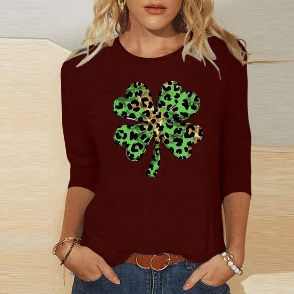 St. Patrick's Day Graphic T-Shirt for Women Leopard Shamrock Clover Print Crewneck Long Sleeve Loose Fit Soft Casual Holiday Party Clothes