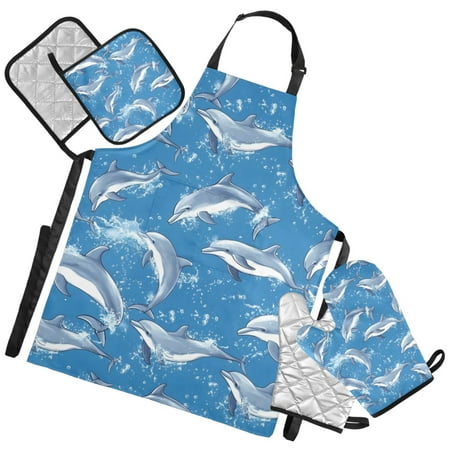 Ryvnso Cute Dolphins Kitchen Apron Oven Mitts Set Pot Holders