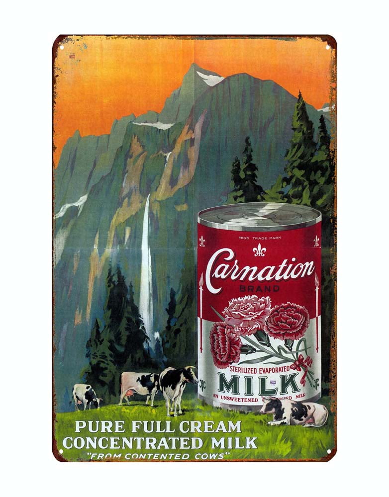 Panneau Publicitaire Vintage Carnation Milk - Reproduction Métal 8x12 Pouces - Déco Rétro Garage