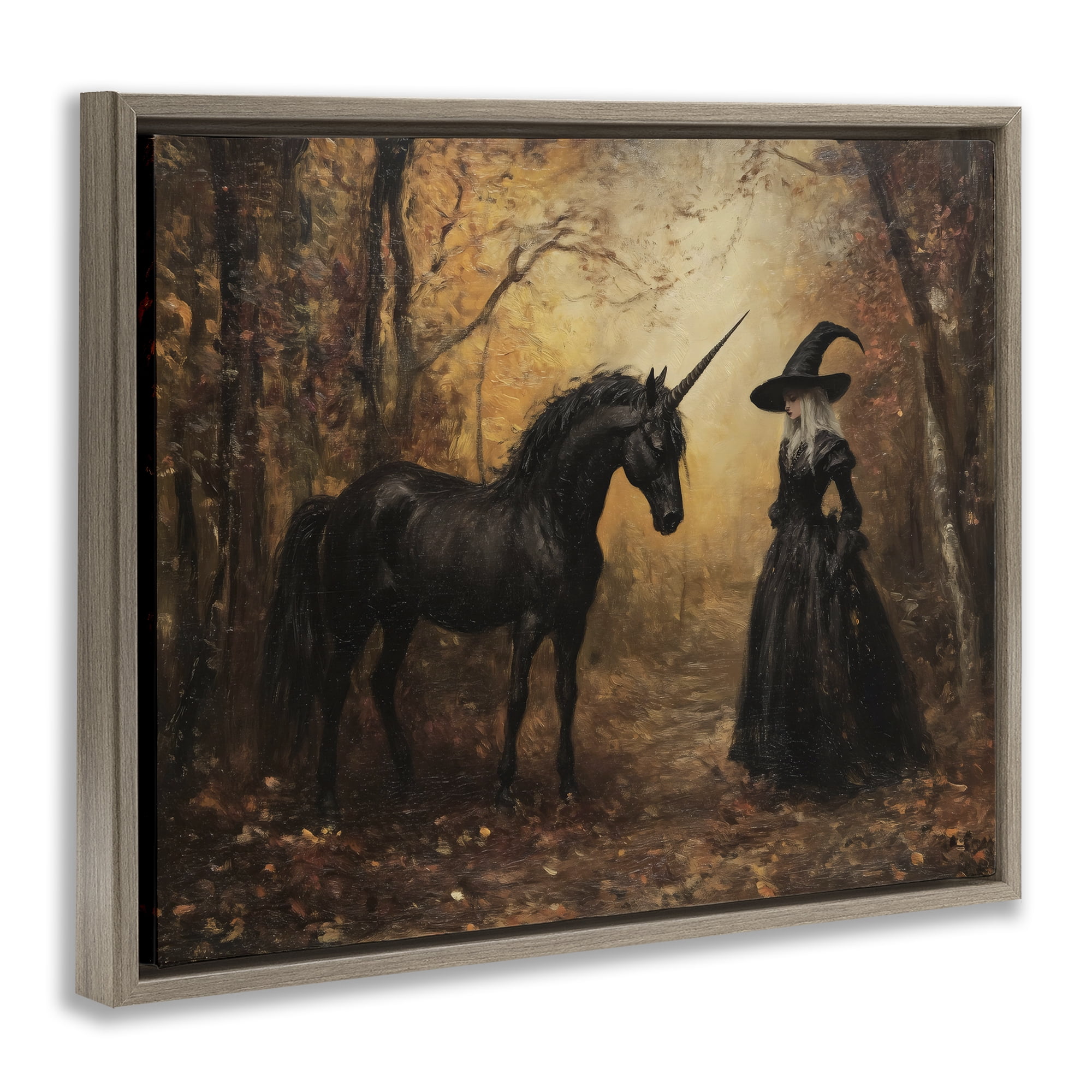 Witch & Black Unicorn Brown Framed Floater Canvas Wall Art, design by Arlington Prints