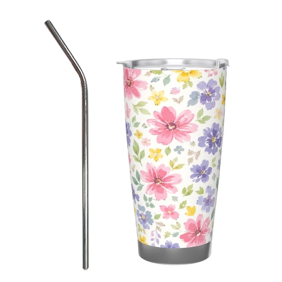 Watercolor Wildflower 20oz Insulated Tumbler with Straw Car Cup Holder Travel Coffee Cup Gift with Stainless Steel Straw