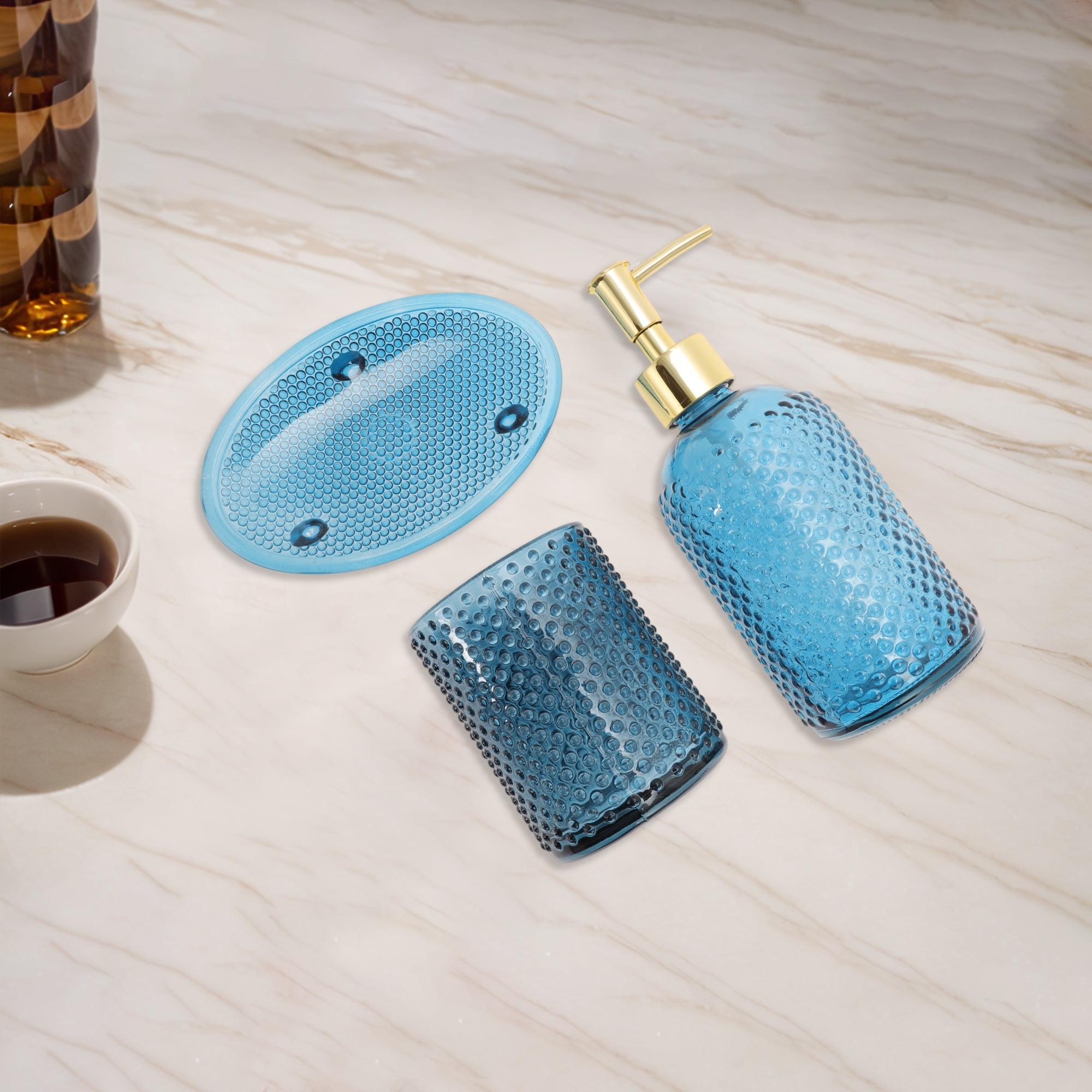 Unique Bargains 3 Pcs Reusable Dot Bathroom Accessories Kit Blue