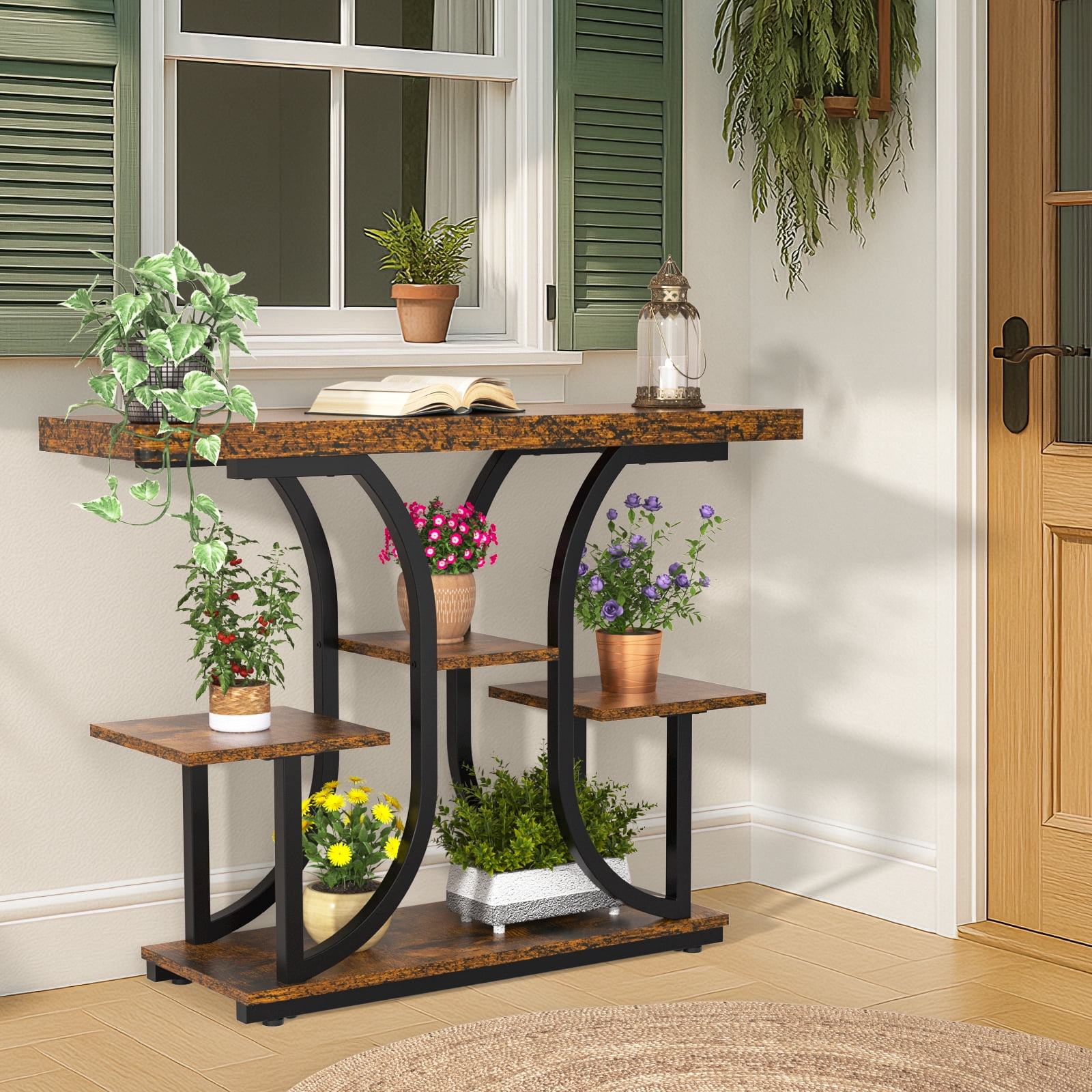 Industrial Chic 5-Tier Console Table, 42.5" Entryway Table with Storage Shelf, Rustic Brown