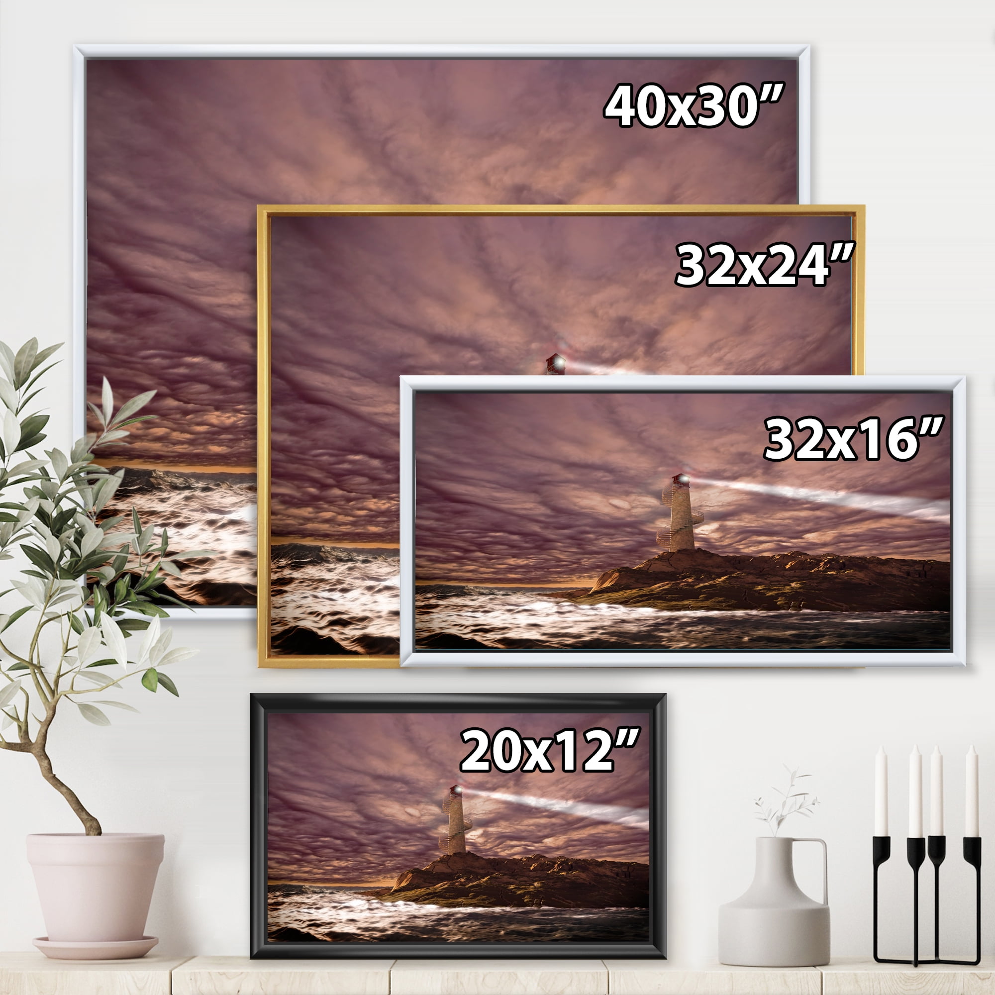Designart 'Lighthouse Shining Light During Stormy Clouds Night I' Nautical & Coastal Framed Canvas Wall Art Print