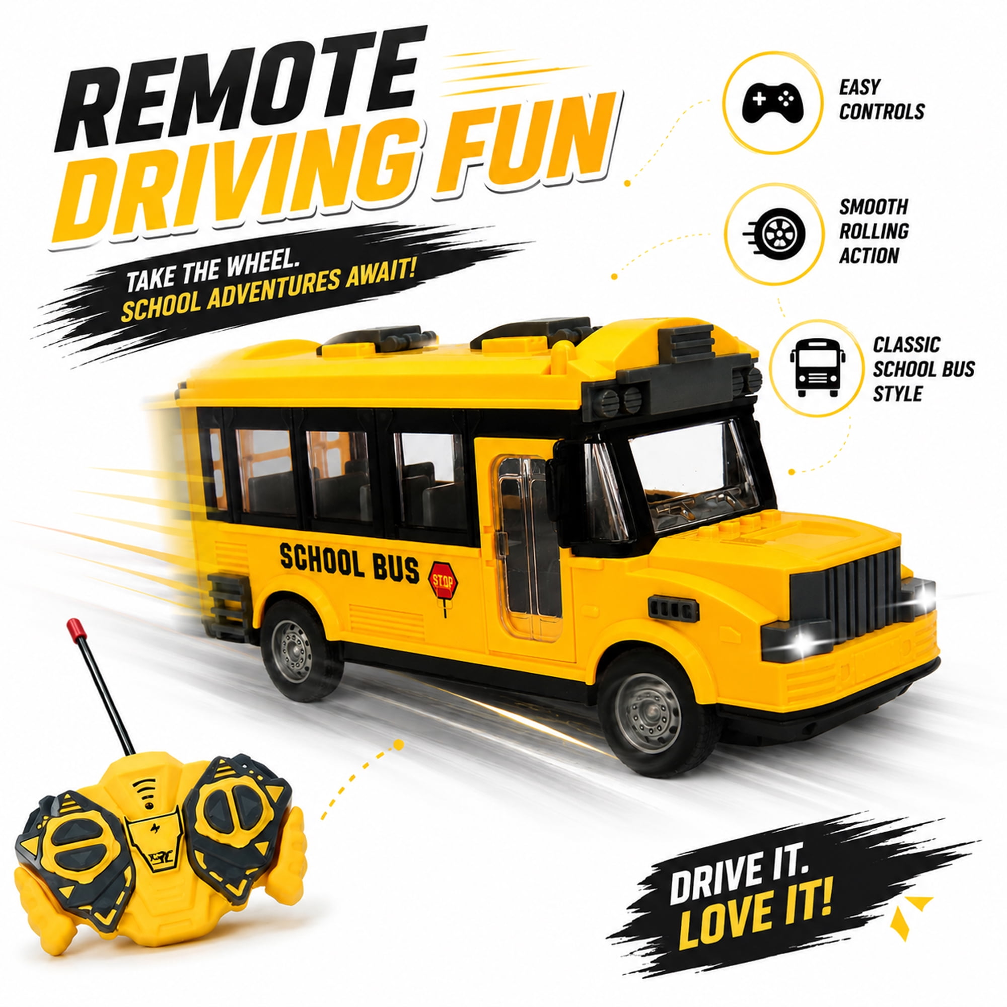 School Bus Toy with Remote Controller, Classic Yellow Bus Vehicle with Opening Door, City Bus Toy for Kids Ages 3+