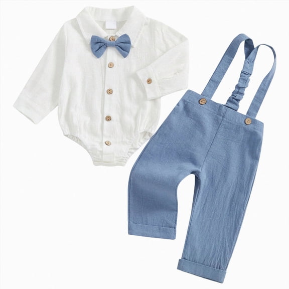 Enyan Baby Boy Clothes Set Infant Tuxedo Long Sleeve Gentleman Suit Outfits Suspender Pants Bowtie 0-18M(Blue,6-9 Months)