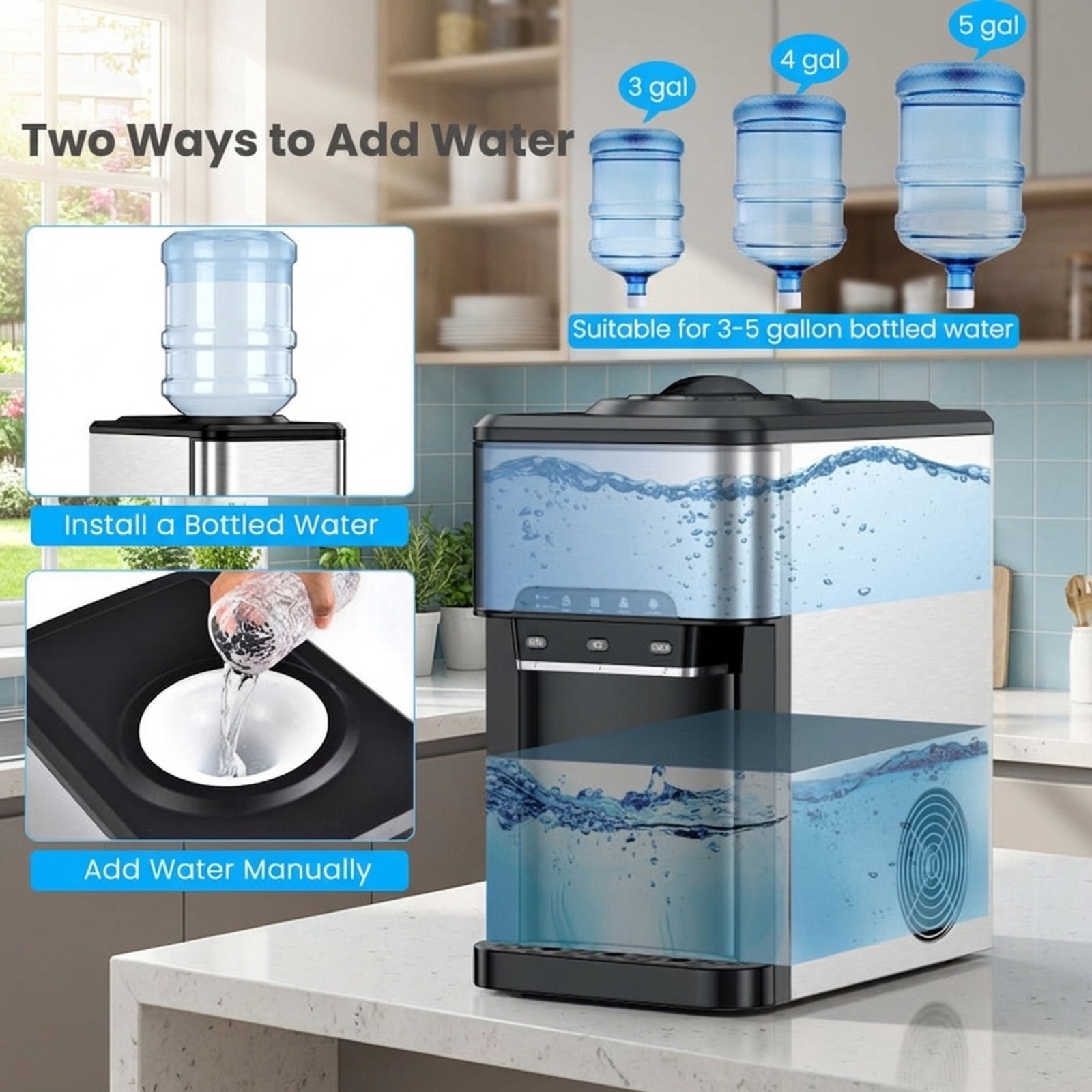 RUIE Water Cooler Dispenser,3-in-1 Water Dispenser with Built-In Ice Maker and 40 Lbs/Day Production,Hot and Cold Water,Child Lock,Water Cooler for Home Office Kitchen