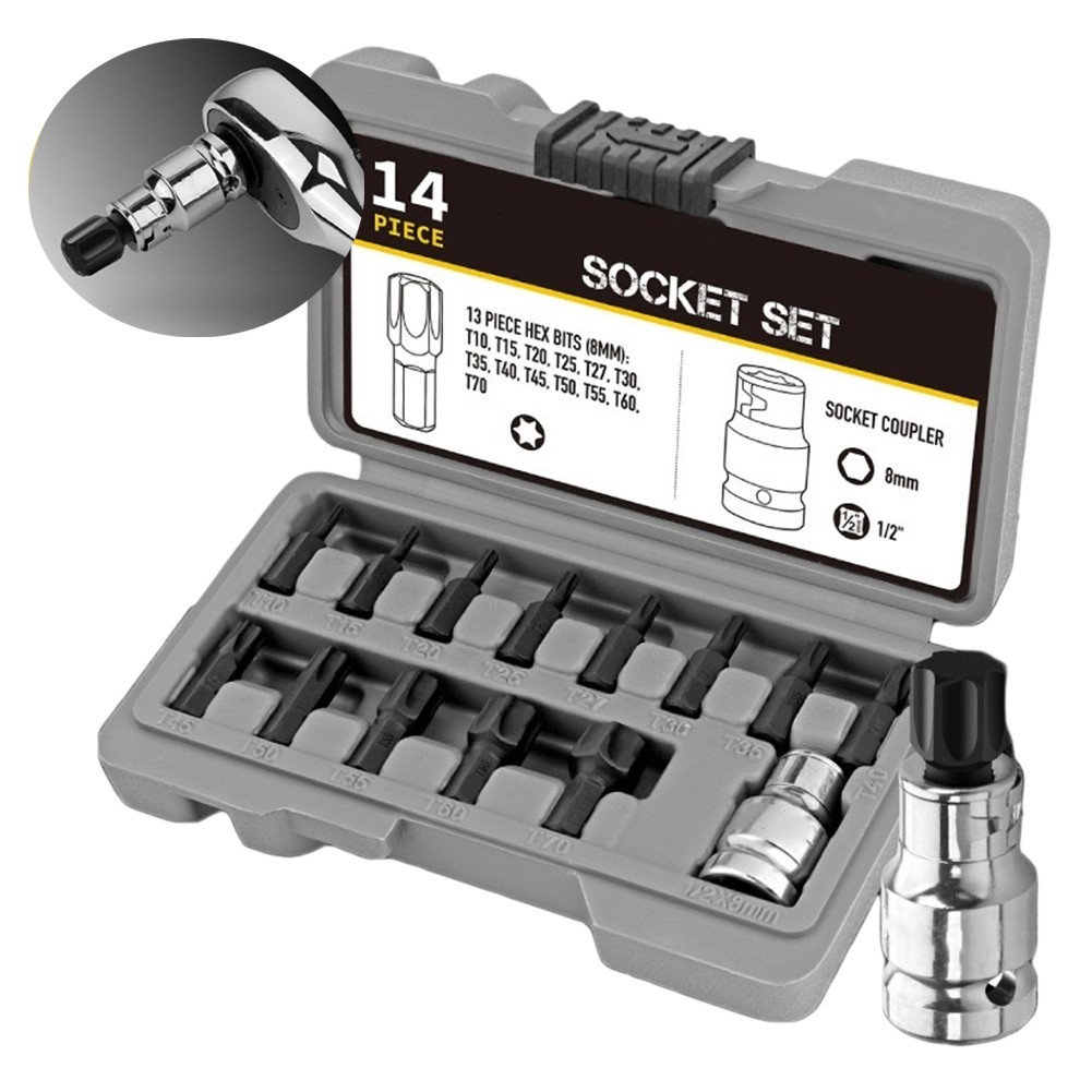 yaaqii T10-T70 Socket Set for Torx Bit head Ratchet Wrench 1/2 Inch Drive Screwdriver