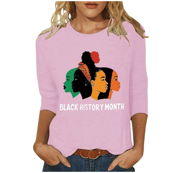 ZVAVZ Hawaiian Shirts for Women,Women's Black History Month Tees Shirts 3/4 Length Sleeve Crewneck Tees Holiday Gifts Blouses for Women on Sale Pink L