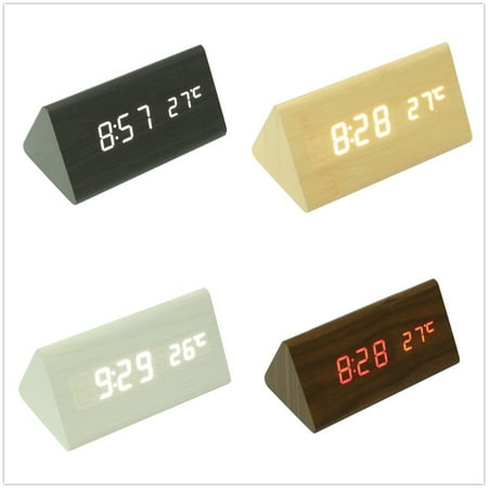 4 Types LED Wooden Alarm Desk Clock With Temperature Time Date Display USB/ AA Battery