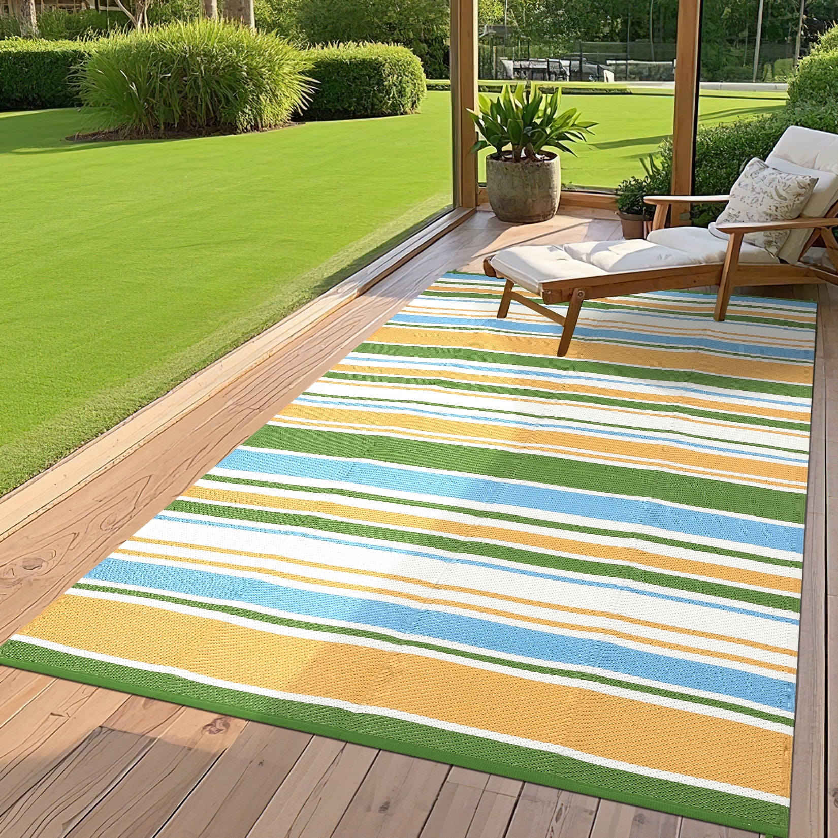 Garvee 9x12ft Waterproof Outdoor Rugs Modern Striped Straw Rugs for Patio, Reversible UV-Resistant Plastic Outdoor Camping Rugs Carpet for Porch, Deck, Backyard, Balcony, Colorful