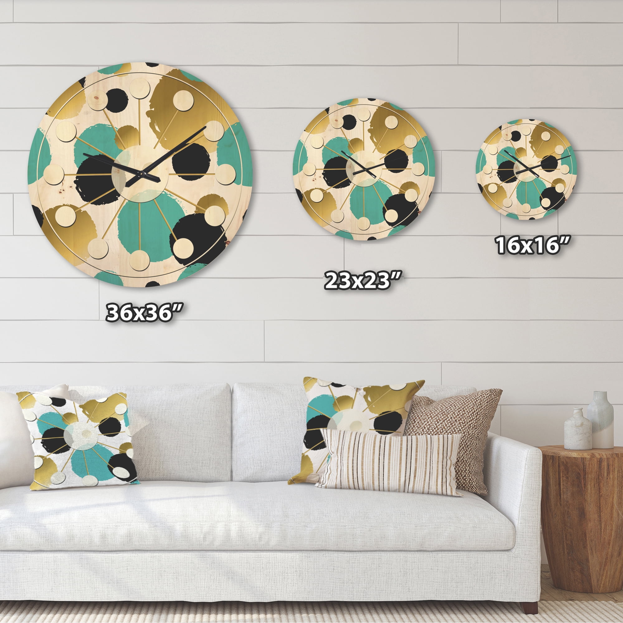 Designart 'Blue and Gold Circles ' Mid-Century Modern Wood Wall Clock
