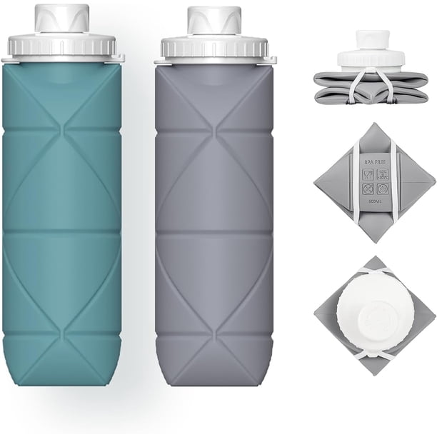 Botella de agua deportiva plegable, 2 botellas de agua blandas con válvula a prueba de fugas, botella de agua de silicona portátil sin BPA para gimnasio, correr, andar en bicicleta, acampar, etc.