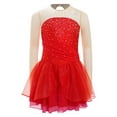 thumbnail image 2 of YiZYiF Kids Girls Figure Ice Skating Dress Rhinestones Splice Mesh Long Sleeve Tutu Skirt Dance Leotard Red 10, 2 of 7