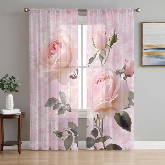Romantic Pink Roses Sheer Curtains 84 Inch Length 2 Panels Set, Watercolor Botanical Floral Voile Window Treatment Rod Pocket Curtains Sheers Drapes for Bedroom/Living Room/Kitchen 52"x84"x2