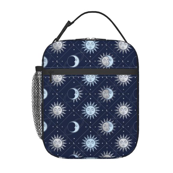Sun and Moon Lunch Bag Celestial Cosmic Reusable Cooler Tote Front Pocket Handheld Portable Food Container Work Office Picnic Travel Mystic Pattern