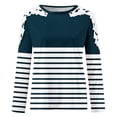 thumbnail image 4 of lcziwo Blouses à Manches Longues en Dentelle à Rayures Contrastées pour Femmes 2024 Automne Coupe Ample Tuniques Légères Hauts Tendance Décontractés à Col Rond Bleu Marine, 4 of 4
