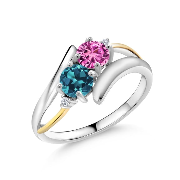 Gem Stone King 1.27 Ct Pink Created Sapphire London Blue Topaz 925 Silver and 10K Yellow Gold Lab Grown Diamond Two Stone Crossover Ring (Size 8)