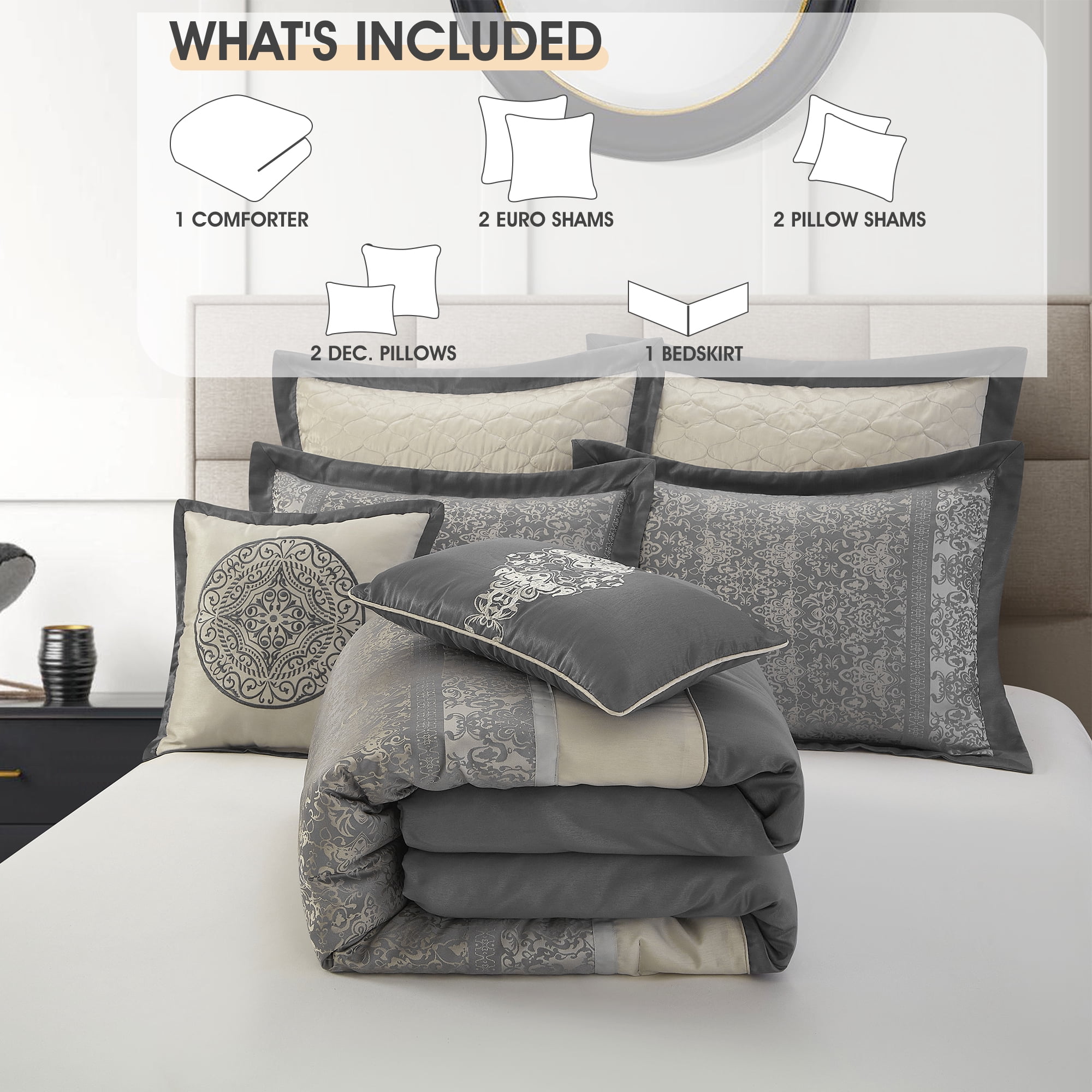 Lanco Damask 8 Piece Comforter Set, Silver/Ivory, King, Fill Polyester, Patchwork