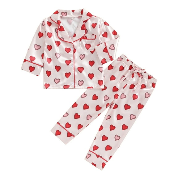Musuos Girls Fall Loungewear Set, 1-5T Heart Print Long Sleeve Lapel Button Shirt   Elastic Waist Loose Long Pants Pajama Set